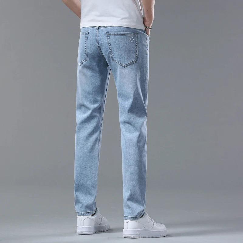 Fashion Light Blue Slim Jeans Men Spring New Classic Regular Stretch Trousers Casual Soft Cotton Denim Trousers Male