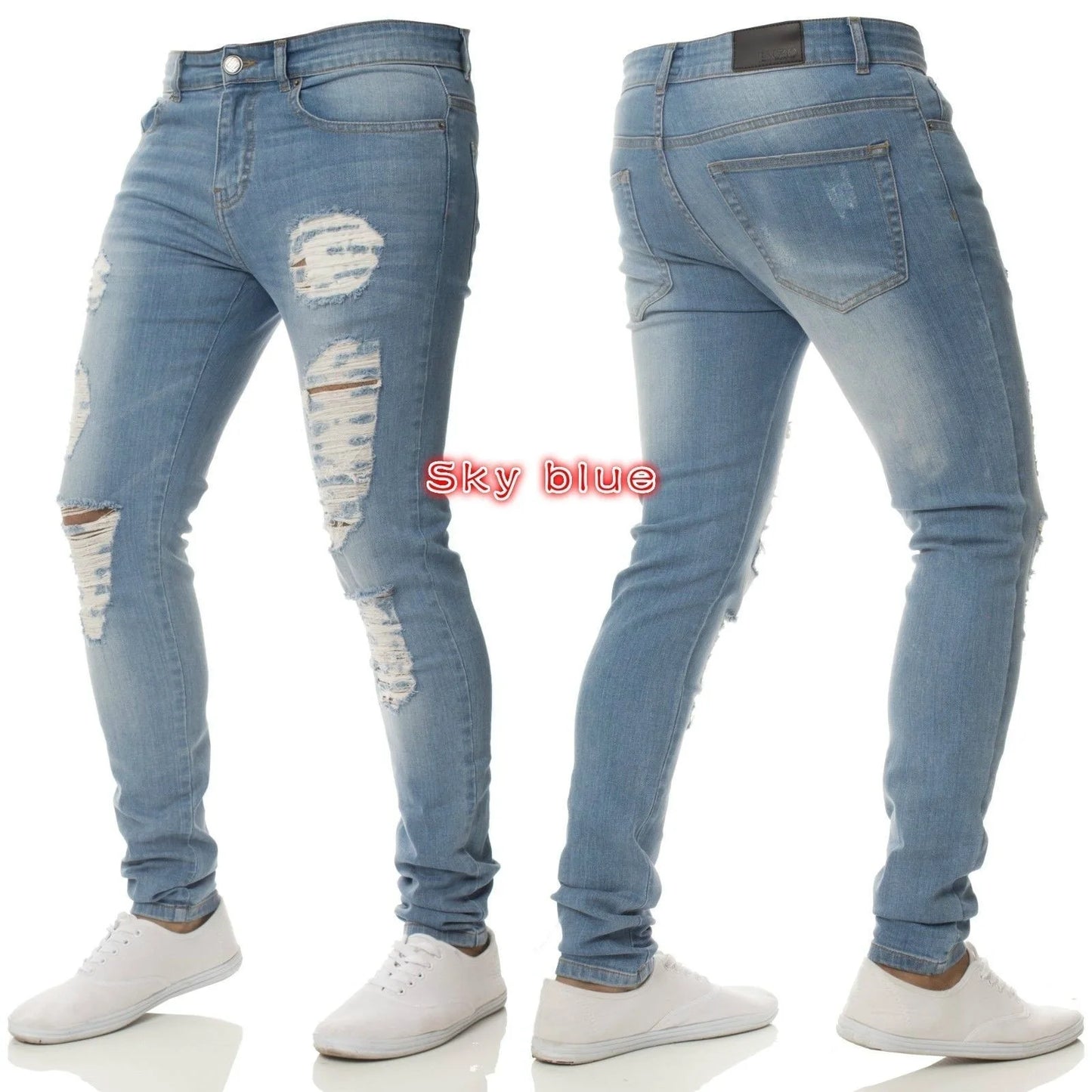 new White Embroidery Jeans Men Cotton Stretchy Ripped Skinny Jeans High Quality Hip Hop Black Hole Slim Fit Oversize Denim Pants