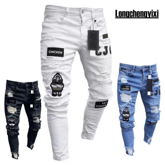 new White Embroidery Jeans Men Cotton Stretchy Ripped Skinny Jeans High Quality Hip Hop Black Hole Slim Fit Oversize Denim Pants