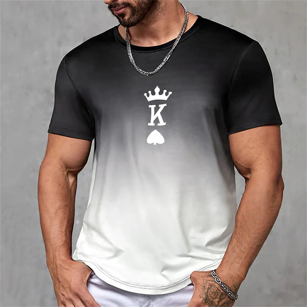 Fashion Gradient Poker Print T Shirts For Men Summer Daily O Collar Polyester Short Sleeve Tee Shirt Large Size Tops Clothing