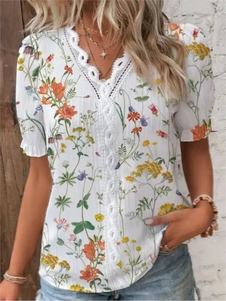 2024 Women's Fashion Trends Short Sleeve Blouse, Printed V-Neck Lace Panel Shirt, Elegant and Young Women Shirts New Top Blusas