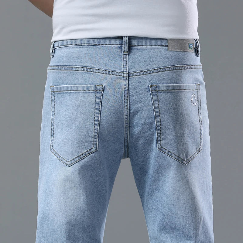 Fashion Light Blue Slim Jeans Men Spring New Classic Regular Stretch Trousers Casual Soft Cotton Denim Trousers Male