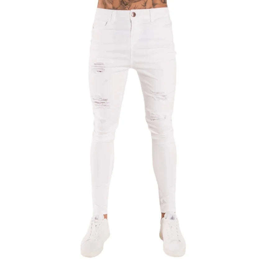 new White Embroidery Jeans Men Cotton Stretchy Ripped Skinny Jeans High Quality Hip Hop Black Hole Slim Fit Oversize Denim Pants