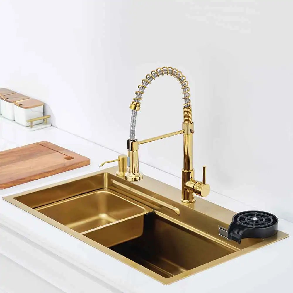 gold kichen sink Waterfall faucet Nano sink 304 Stainless Steel Golden Topmount Single Bowl Wash Basin with chopping board