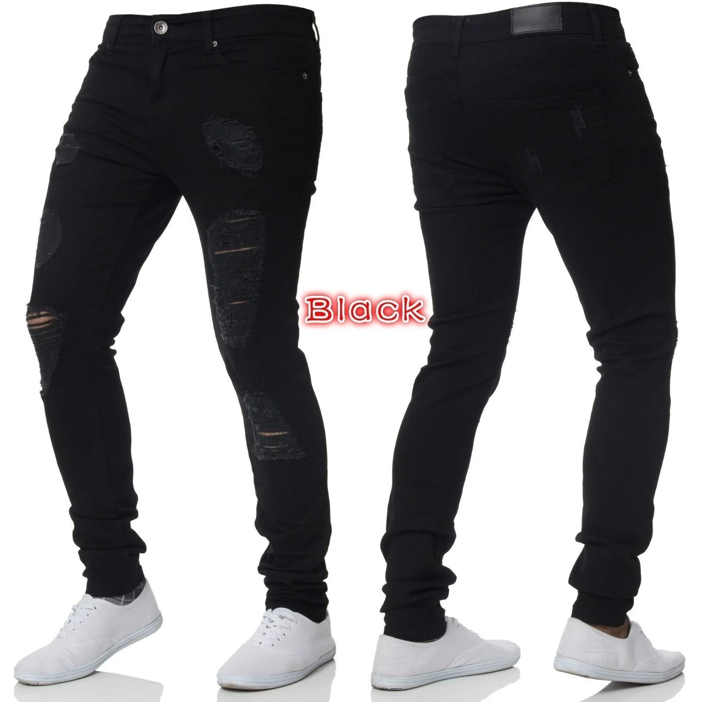 new White Embroidery Jeans Men Cotton Stretchy Ripped Skinny Jeans High Quality Hip Hop Black Hole Slim Fit Oversize Denim Pants