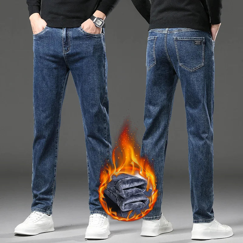 Winter Fleece Thick Warm Jeans Men's Slim Straight Elastic Denim Pants Casual Male Clothing Fashion Plush Trousers