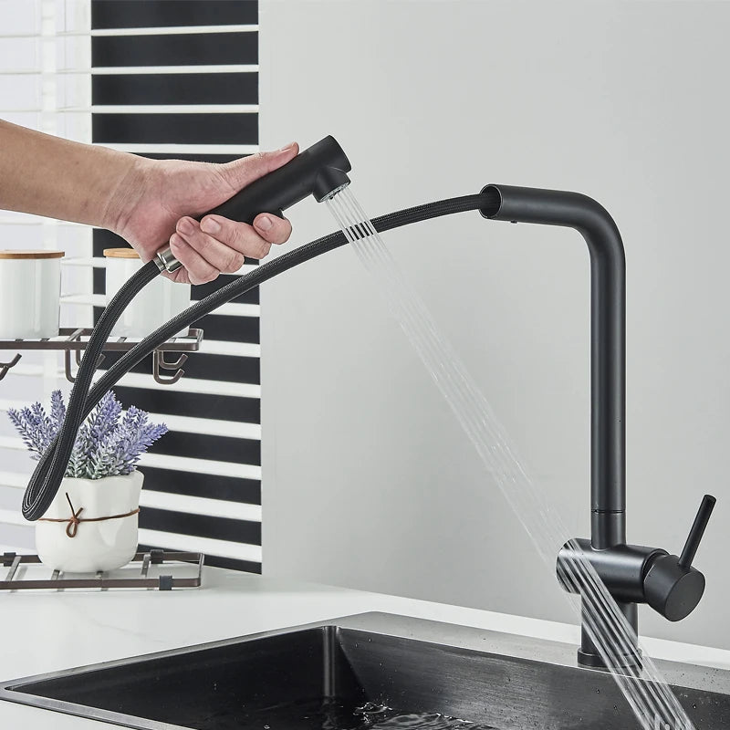 Shinesia Black Kitchen Faucet Tap with Two Spray Water Jets Single Lever Sink Mixer Tap 360° Swivelling Stainless Steel