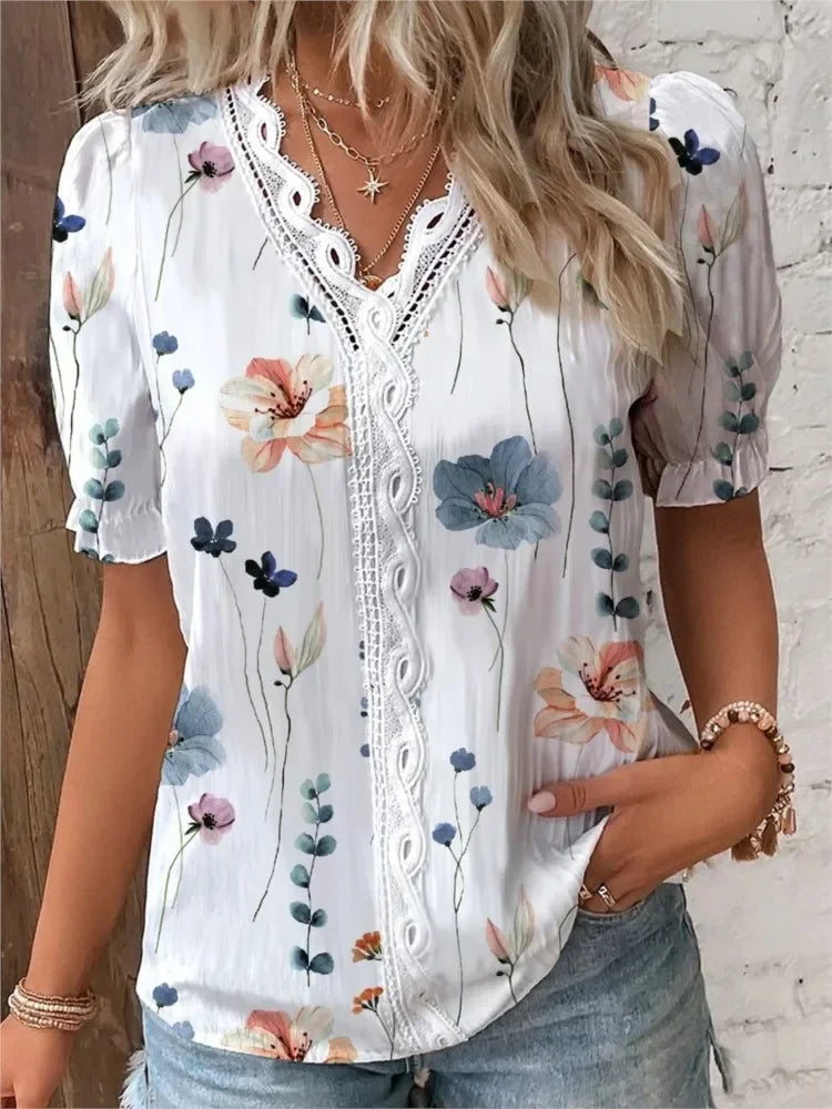 2024 Women's Fashion Trends Short Sleeve Blouse, Printed V-Neck Lace Panel Shirt, Elegant and Young Women Shirts New Top Blusas