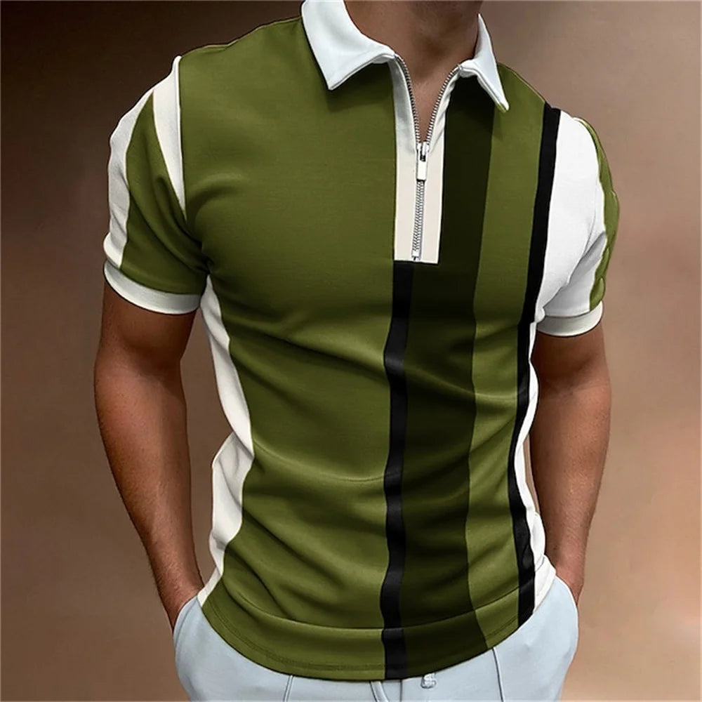 Men Polo Shirt Stripes Short Sleeve T-shirt Male Breathable Tops Business Turn Down Collar Streetwear Luxury Brand High Quality