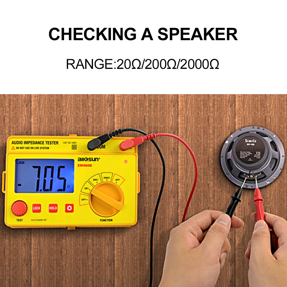 ALL SUN EM480B Audio Impedance Tester Portable CATIII Test Ranges 20/200/2000 Resistance Meter 1KHz Timer Function Data Hold