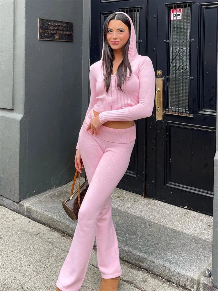 2023 Autumn New Knitted Hoodie Set Women's Fashion Brand Solid Color Sexy High Waist Long Sleeve Pants Two Piece Set