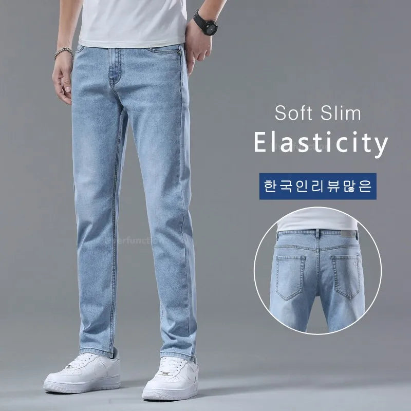 Fashion Light Blue Slim Jeans Men Spring New Classic Regular Stretch Trousers Casual Soft Cotton Denim Trousers Male