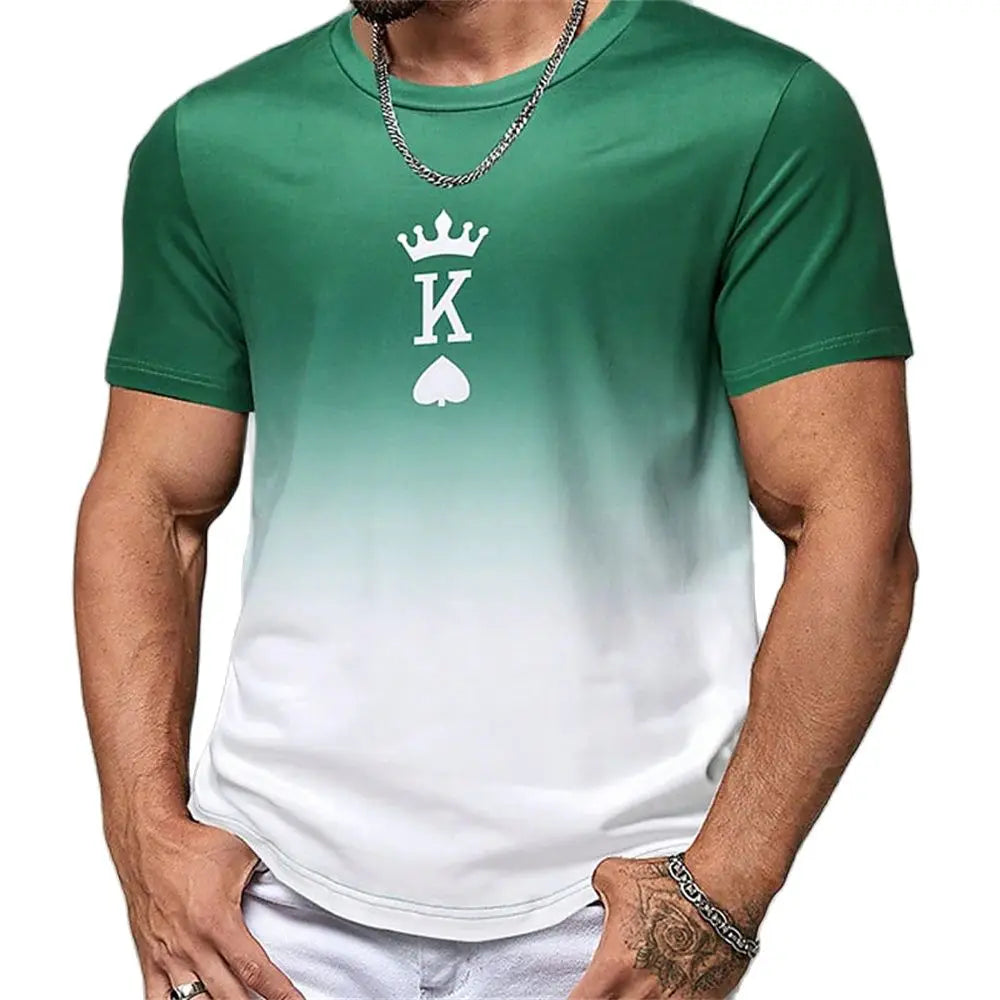 Fashion Gradient Poker Print T Shirts For Men Summer Daily O Collar Polyester Short Sleeve Tee Shirt Large Size Tops Clothing