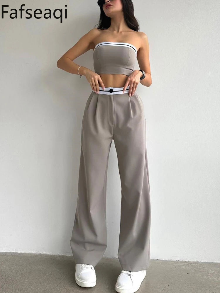 Sexy Women's Tracksuit with Boob Tube Top Slash Neck Contrast Color Wide Leg Trousers Sports Suit for Women Two Piece Set Outfit