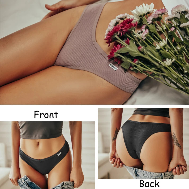 4Pcs/Set Women Sexy Cotton Brazilian Panties V-Waist Thong Solid Color Underwear Low Rise Female Soft Intimates Lingerie Finetoo