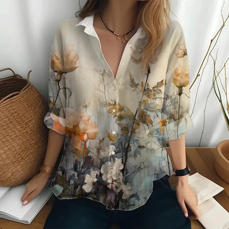 2024 Elegant Women shirts & blouses Vintage Floral Printing Long Sleeve Shirt High -quality Female clothing Casual Tops Shirts