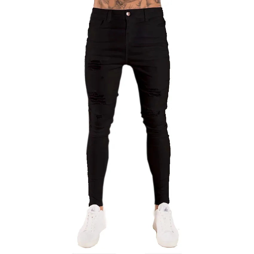 new White Embroidery Jeans Men Cotton Stretchy Ripped Skinny Jeans High Quality Hip Hop Black Hole Slim Fit Oversize Denim Pants