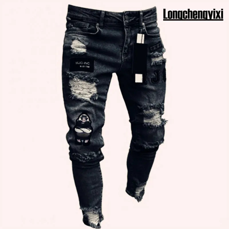 new White Embroidery Jeans Men Cotton Stretchy Ripped Skinny Jeans High Quality Hip Hop Black Hole Slim Fit Oversize Denim Pants