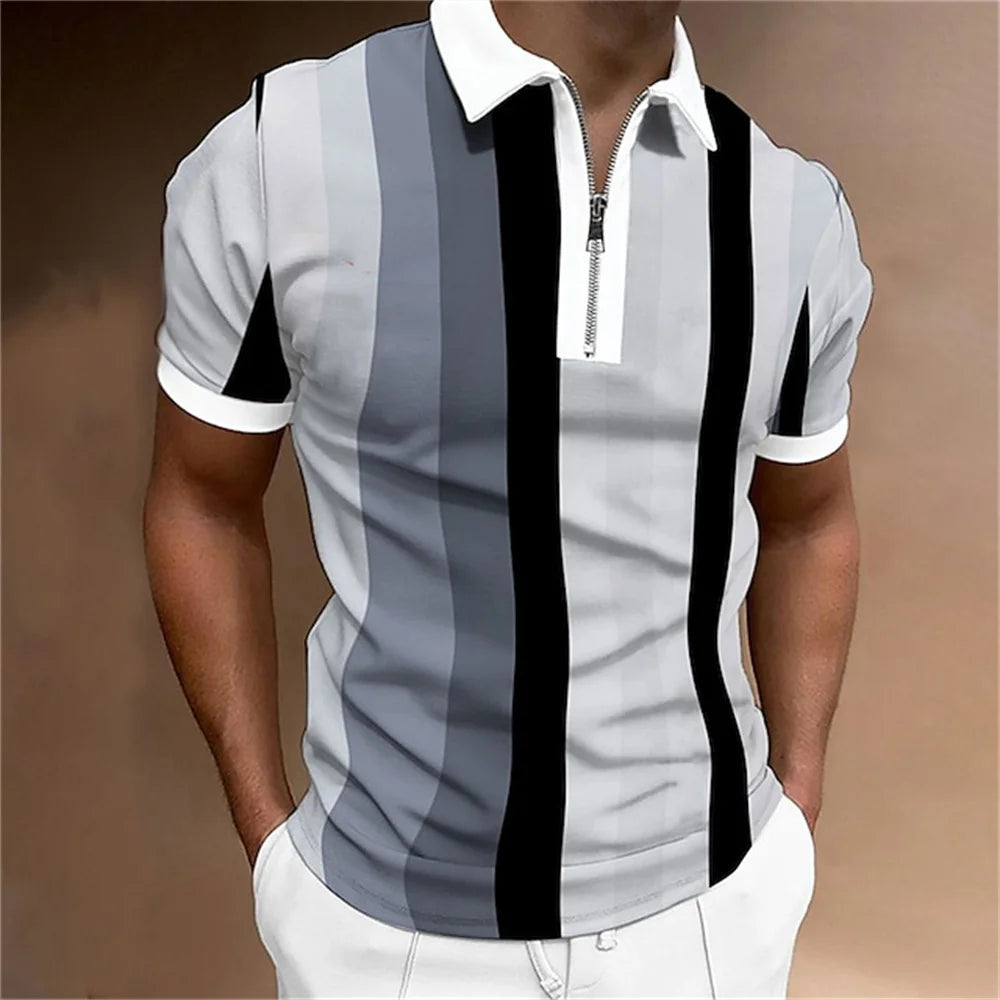 Men Polo Shirt Stripes Short Sleeve T-shirt Male Breathable Tops Business Turn Down Collar Streetwear Luxury Brand High Quality