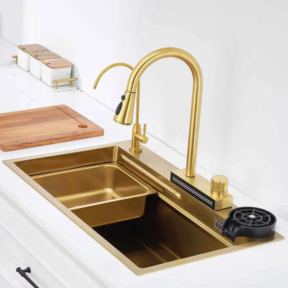 gold kichen sink Waterfall faucet Nano sink 304 Stainless Steel Golden Topmount Single Bowl Wash Basin with chopping board