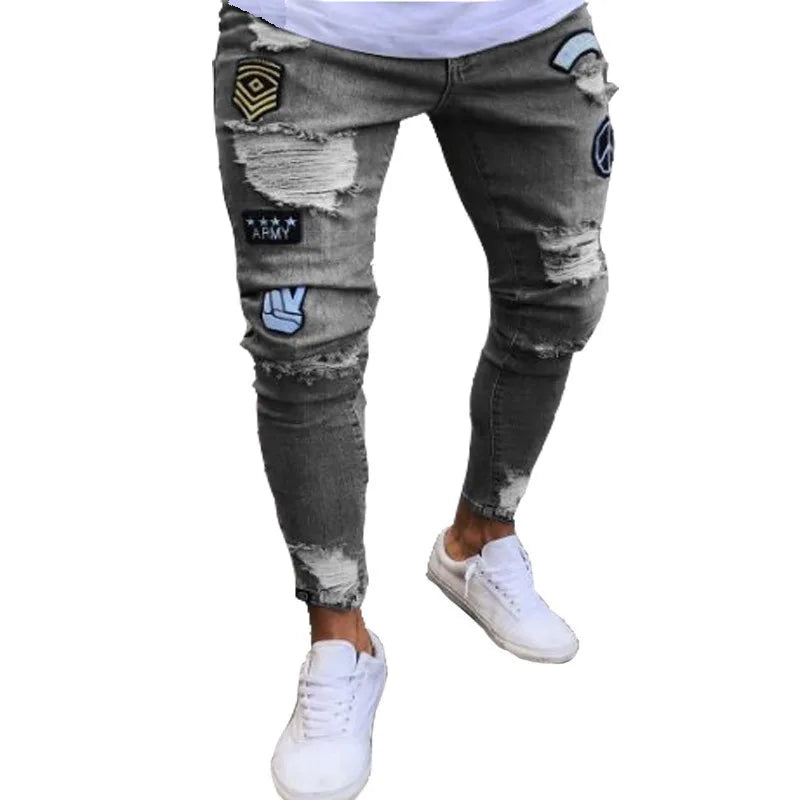 new White Embroidery Jeans Men Cotton Stretchy Ripped Skinny Jeans High Quality Hip Hop Black Hole Slim Fit Oversize Denim Pants