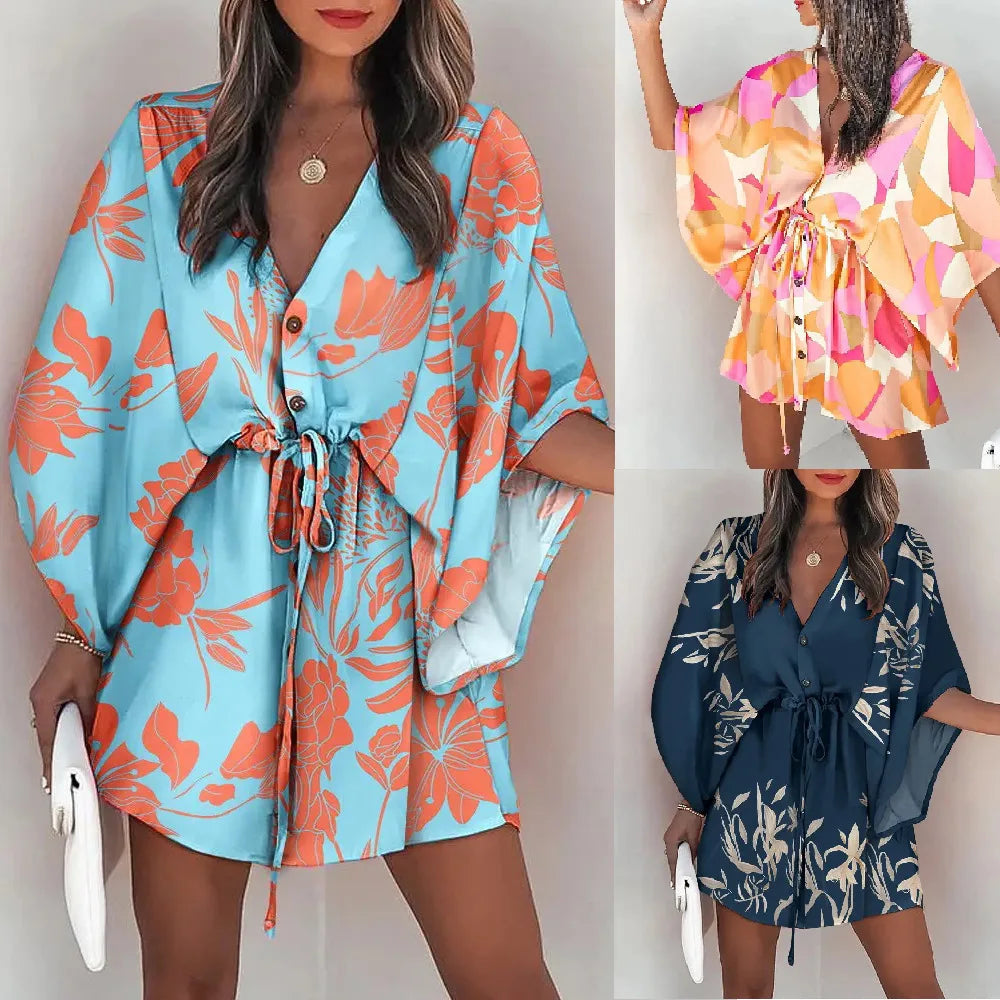 Sexy Deep V Neck Jumpsuit For Women Summer Casual Boho Beach Vacation Outfit Fashion Print Lantern Sleeve Rompers Shorts Women's