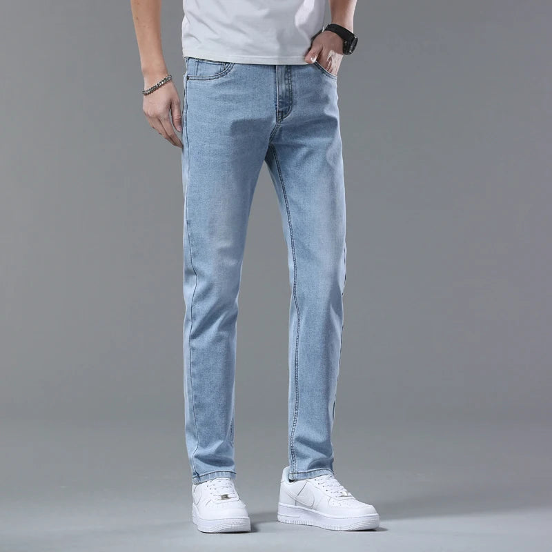 Fashion Light Blue Slim Jeans Men Spring New Classic Regular Stretch Trousers Casual Soft Cotton Denim Trousers Male