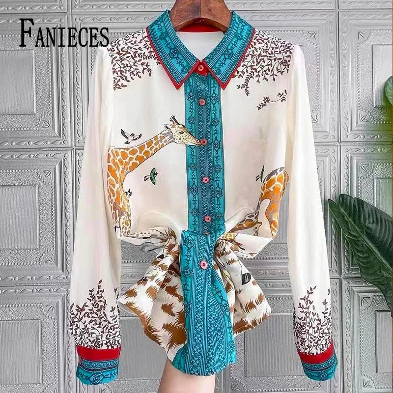 FANIECES Plus Size 3XL Giraffe Print Women Shirts Long Sleeve Lapel Satin Blouse Spring Female Tops Elegant Office Ladies Blusas