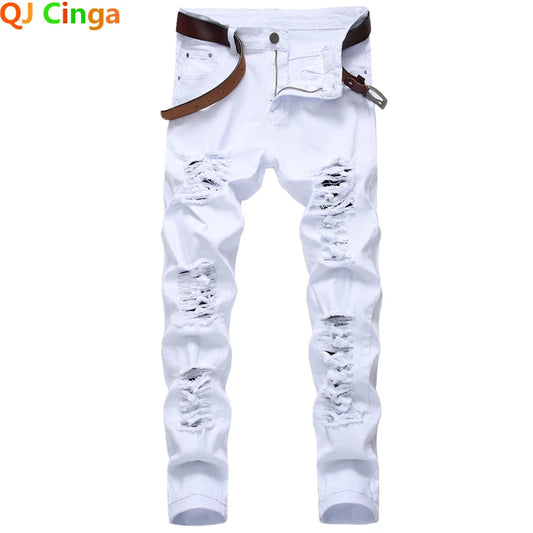 Straight Hole Destruction Trousers Distressed Jeans Men Denim Trousers Fashion Designer Brand White Pants Male Large Size 28-42