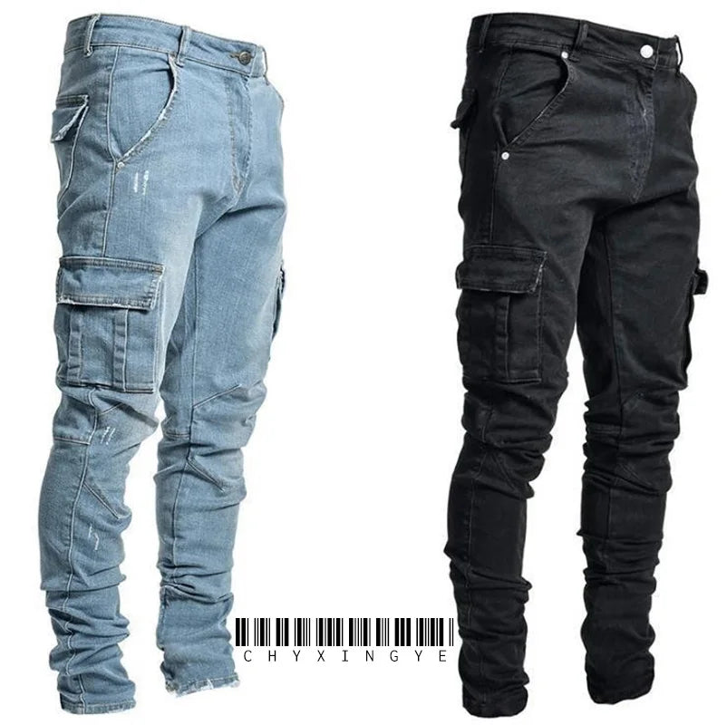 Street Elastic Jeans Men Denim Cargo Pants Wash Solid Color Multi Pockets Casual Mid Waist Trousers Slim Fit Daily Wear Joggers