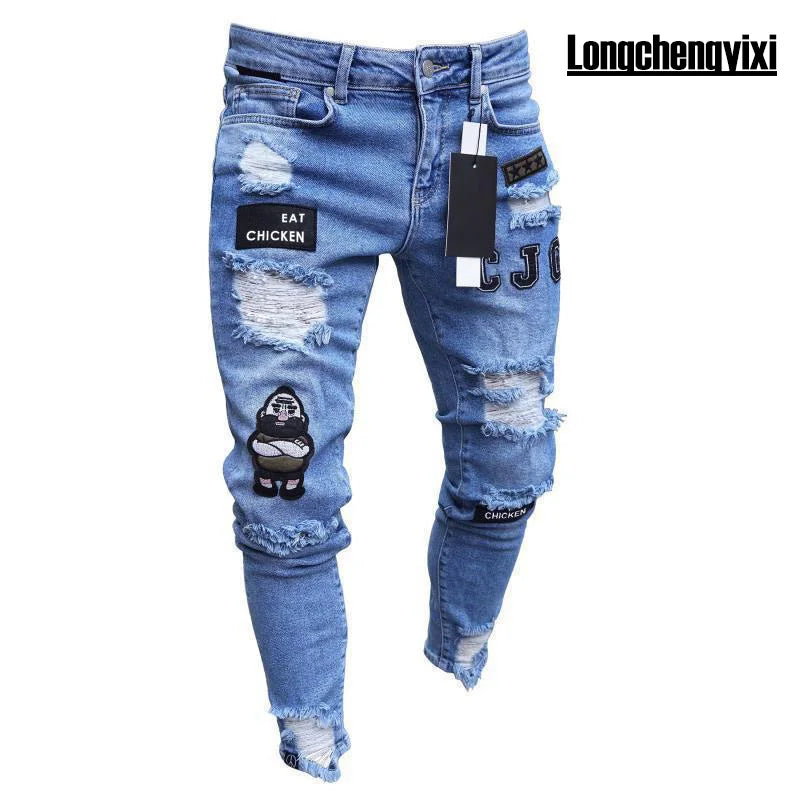 new White Embroidery Jeans Men Cotton Stretchy Ripped Skinny Jeans High Quality Hip Hop Black Hole Slim Fit Oversize Denim Pants