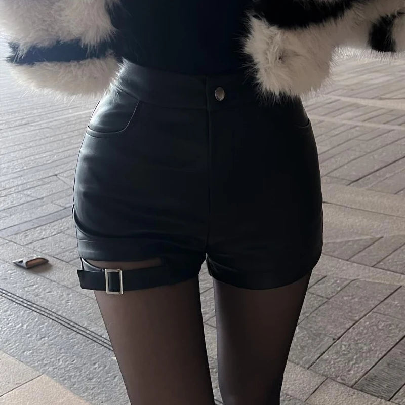 Sexy Black Pu Leather Shorts Women's Autumn and Winter Tight Gothic High Waist Shorts Street Fashion Y2K Hot Girl Outfit