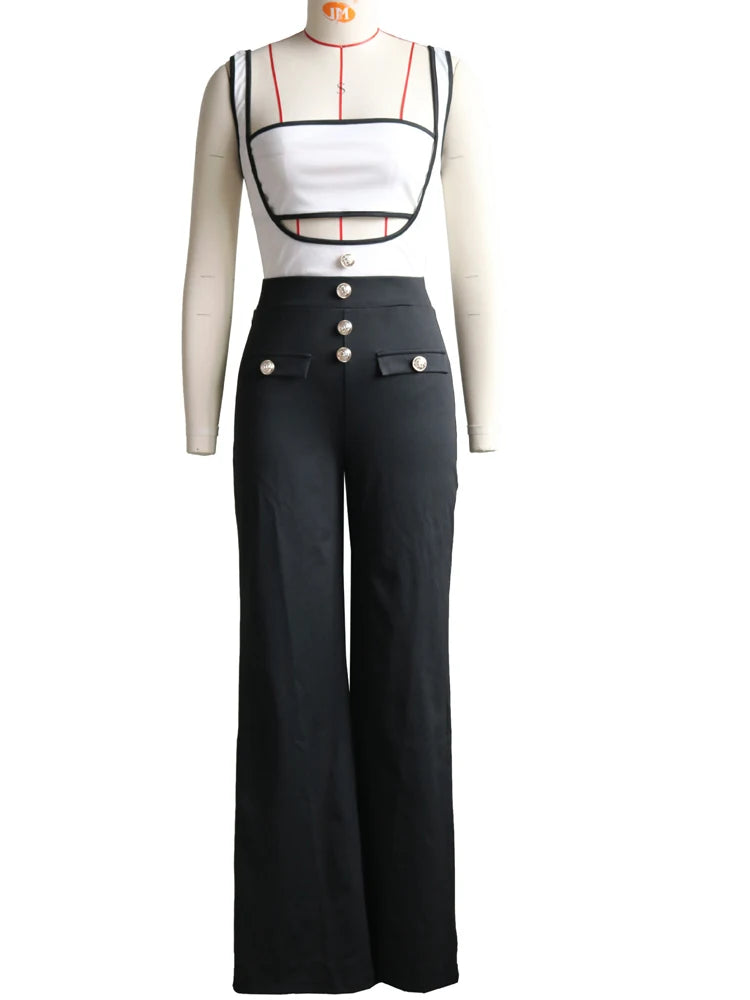 Beyprern Elegant Women's Suspender Jumpsuits Two-Piece Outfits Glam Fitted Button Details Wide Legs Long Pants Jumpsuit Clubwear