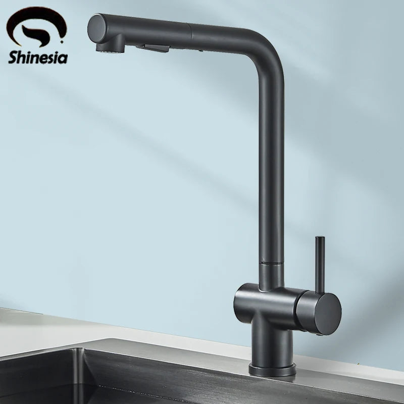 Shinesia Black Kitchen Faucet Tap with Two Spray Water Jets Single Lever Sink Mixer Tap 360° Swivelling Stainless Steel