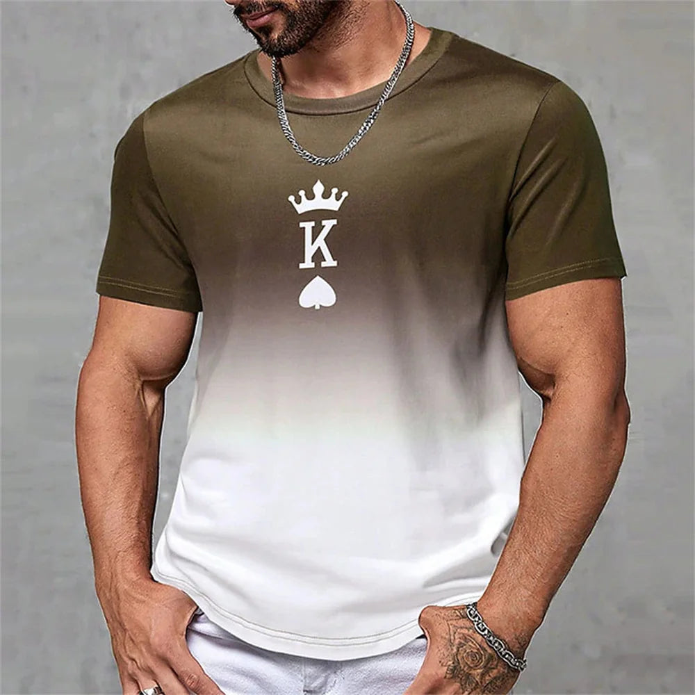 Fashion Gradient Poker Print T Shirts For Men Summer Daily O Collar Polyester Short Sleeve Tee Shirt Large Size Tops Clothing