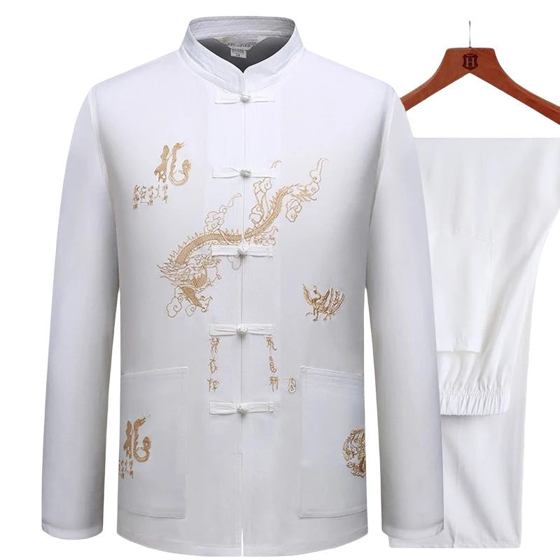 Chinese Traditional Tang Clothing Kung Fu Suit Fashion Casual Embroidery T-shirt Pants Wing Chun Tai Chi Comfortable Men's Set