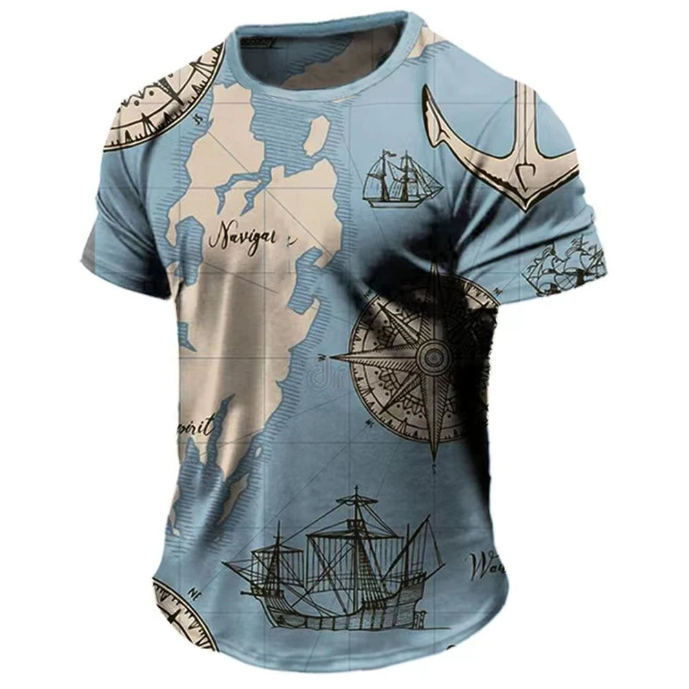 Vintage Men's T-shirt Summer American Shirt Tops Compass Printed Short-sleeve Tees Loose Daily Men Clothing Casual Streetwear