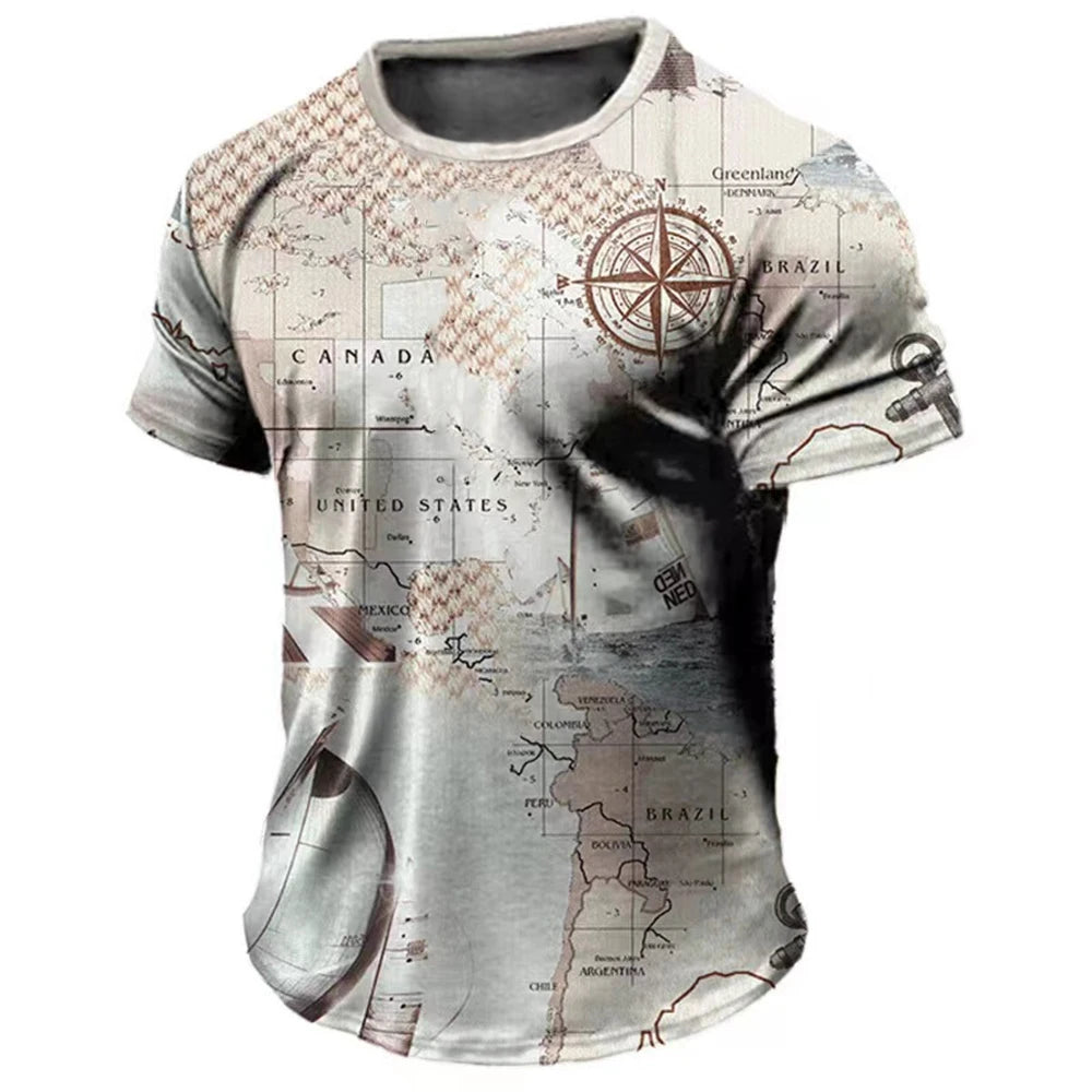 Vintage Men's T-shirt Summer American Shirt Tops Compass Printed Short-sleeve Tees Loose Daily Men Clothing Casual Streetwear