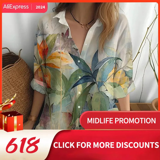 2024 Elegant Women shirts & blouses Vintage Floral Printing Long Sleeve Shirt High -quality Female clothing Casual Tops Shirts