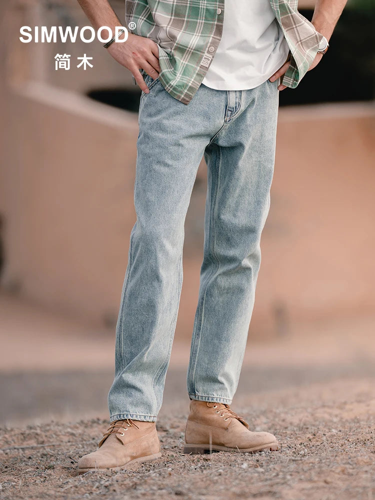 SIMWOOD 2024 Spring Summer New Loose Tapered Jeans Men Plus Size Washed Vintage Denim Trousers