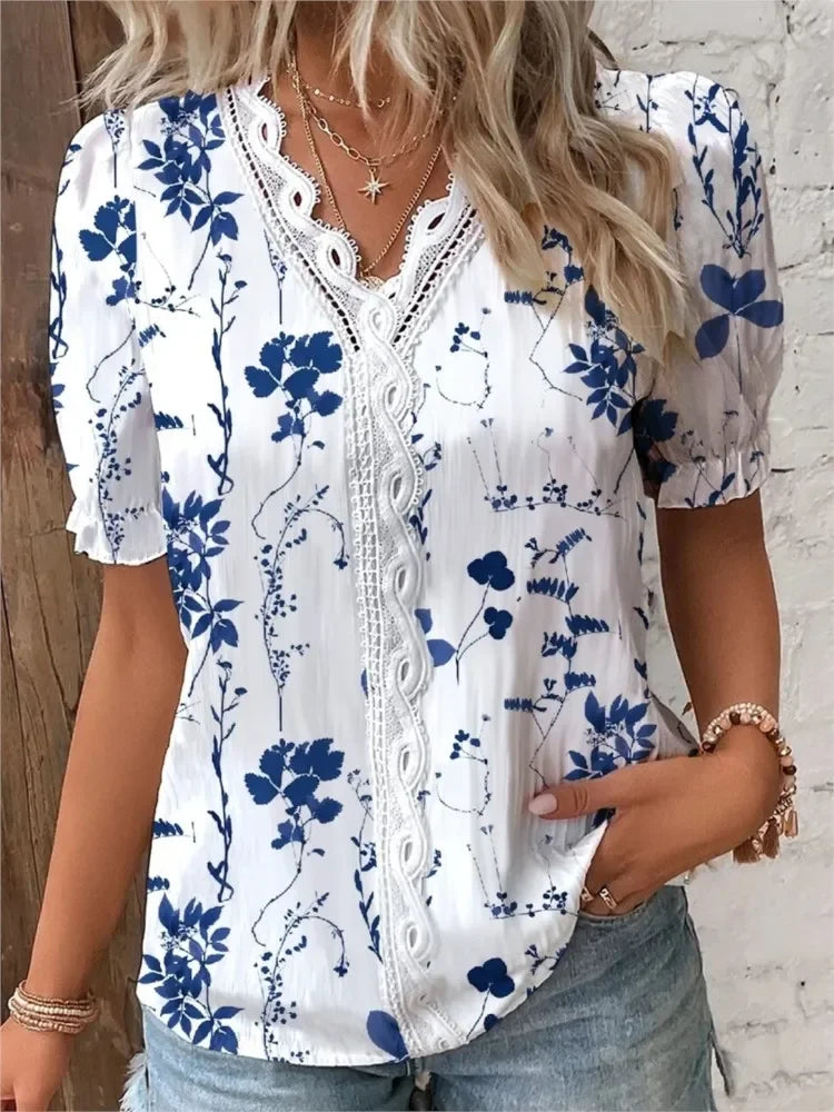 2024 Women's Fashion Trends Short Sleeve Blouse, Printed V-Neck Lace Panel Shirt, Elegant and Young Women Shirts New Top Blusas