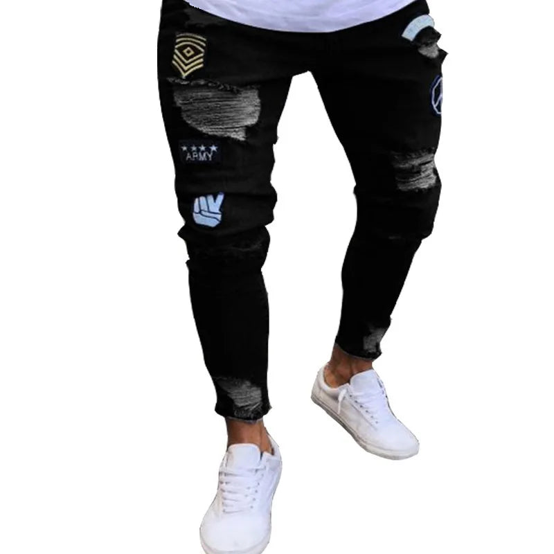 new White Embroidery Jeans Men Cotton Stretchy Ripped Skinny Jeans High Quality Hip Hop Black Hole Slim Fit Oversize Denim Pants