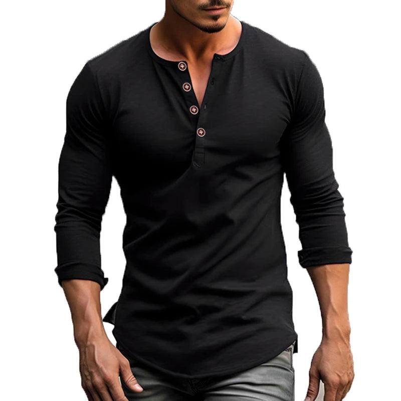 T Shirt Men Long Sleeve New Fashion Solid Henley Neck T-shirts Spring Casual Cotton Button Cotton T Shirts Hip Hop Top Tees