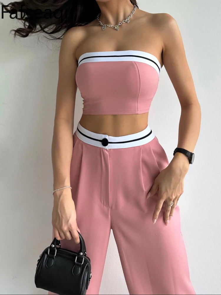 Sexy Women's Tracksuit with Boob Tube Top Slash Neck Contrast Color Wide Leg Trousers Sports Suit for Women Two Piece Set Outfit