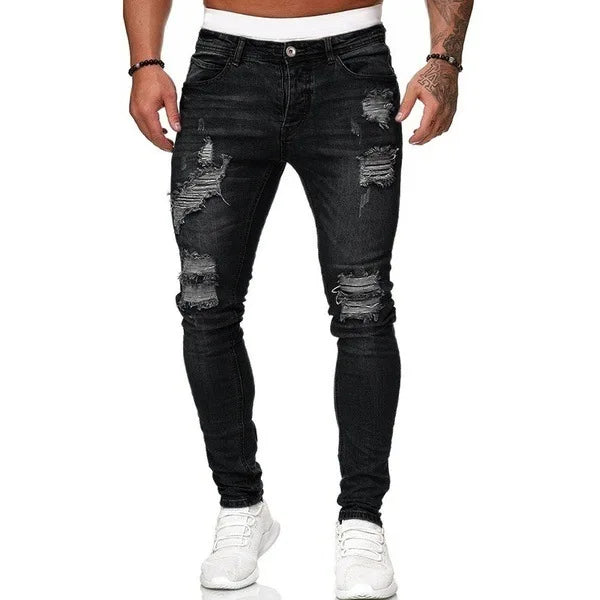 new White Embroidery Jeans Men Cotton Stretchy Ripped Skinny Jeans High Quality Hip Hop Black Hole Slim Fit Oversize Denim Pants