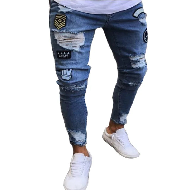 new White Embroidery Jeans Men Cotton Stretchy Ripped Skinny Jeans High Quality Hip Hop Black Hole Slim Fit Oversize Denim Pants