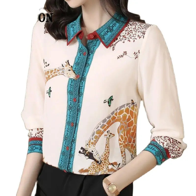 FANIECES Plus Size 3XL Giraffe Print Women Shirts Long Sleeve Lapel Satin Blouse Spring Female Tops Elegant Office Ladies Blusas