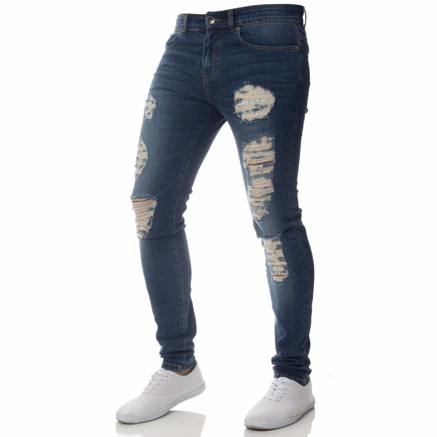 new White Embroidery Jeans Men Cotton Stretchy Ripped Skinny Jeans High Quality Hip Hop Black Hole Slim Fit Oversize Denim Pants