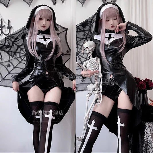 Women's Halloween Sexy Gothic Nun Costume Black Latex Leather Cross Vampire Cosplay Dress For Women Fancy Party Outfits