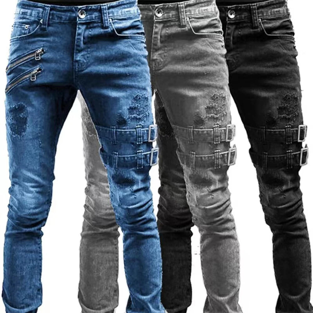 Retro Moto Biker Straight Elastic Jeans Men Zipper Hole Streetwear Punk Skinny Denim Cargo Pants Pantalones Hombre  Y2K Clothing